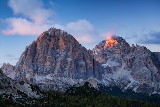 Dolomite Alps Italy View of the mountains and high cliffs during sunset Natural landscape Photo in high resolution