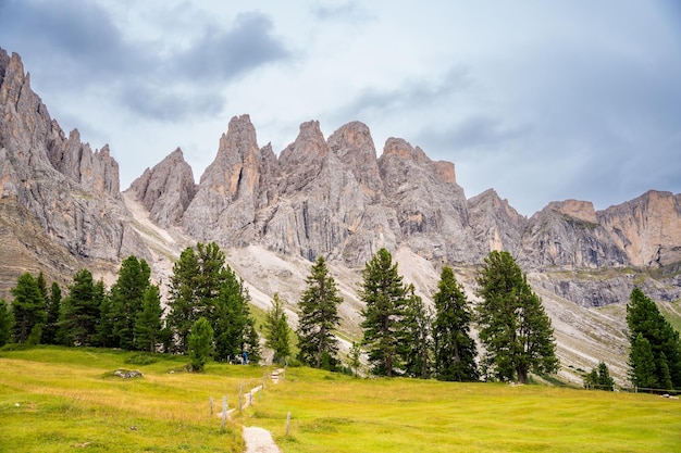 Dolomite landscape in Puez Odle Nature Park view from alpine plateau with green meadows Italy