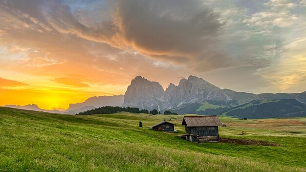 Photo dolomites' alpe di siusi awash in morning light transforming the italian terrain into a radiant spectacle