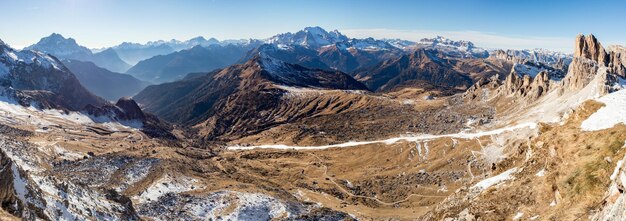 Dolomites huge panorama landscape view in winter snow time