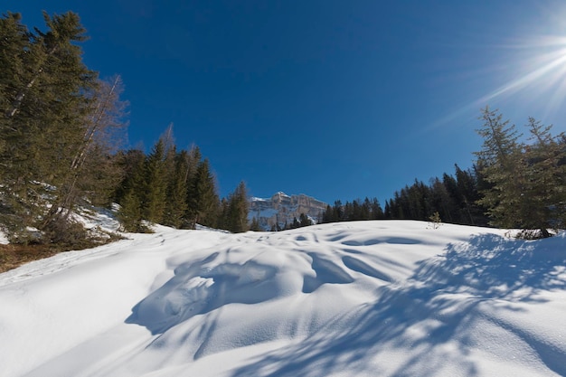 Dolomites huge panorama view in winter snow time