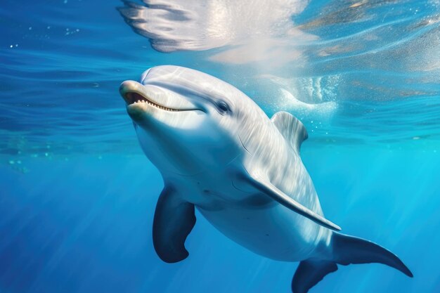 Dolphin in blue transparent water closeup