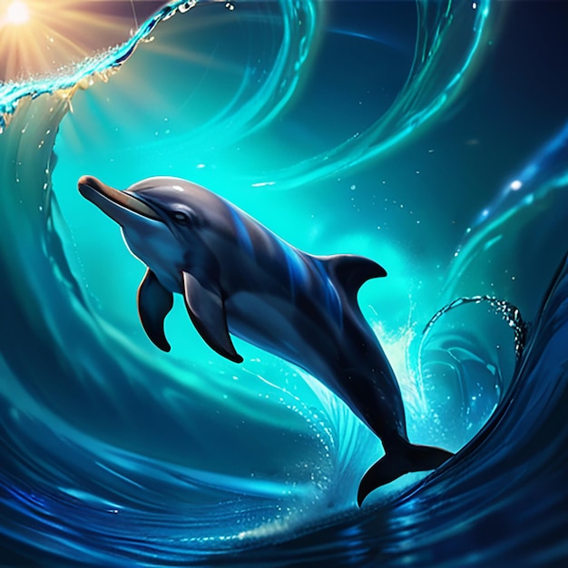 a dolphin and a dolphin in the water with the sun behind them