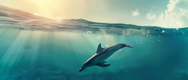 A dolphin elegantly leaps through the sunkissed ocean39s surface radiating joy