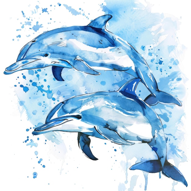 Dolphin Illustration Two Beautiful Blue Dolphins in Watercolor with White Ocean Background