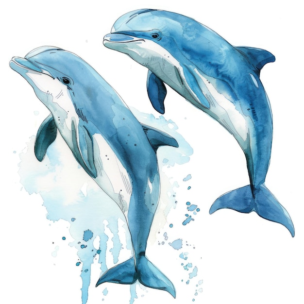 Dolphin Illustration Two Blue Dolphins in Watercolor Depiction of Beauty in the Ocean