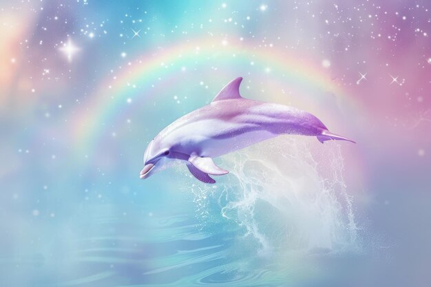 A dolphin is flying through a rainbow in the sky