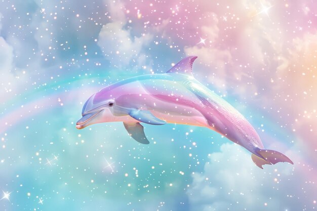 A dolphin is flying through a rainbow in the sky