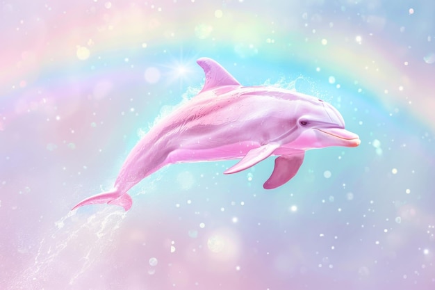 A dolphin is flying through a rainbow in the sky