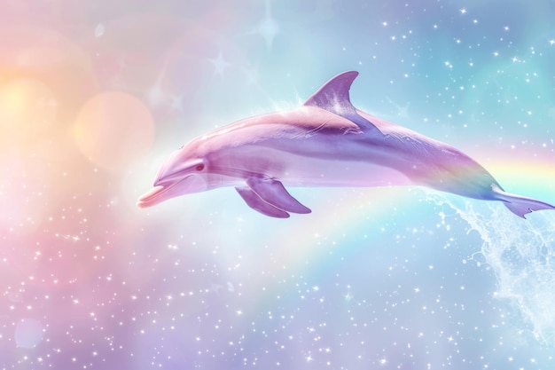 A dolphin is flying through a rainbow in the sky