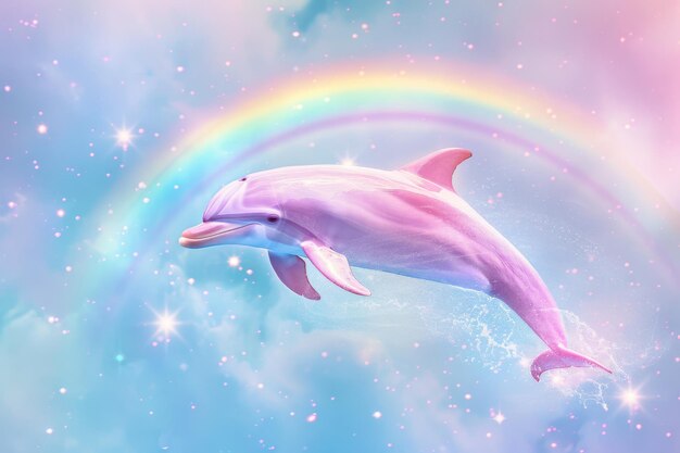 A dolphin is flying through a rainbow in the sky