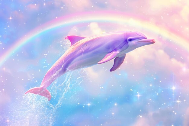 A dolphin is flying through a rainbow in the sky