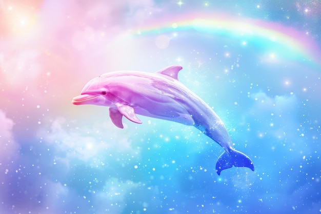 A dolphin is flying through a rainbow in the sky