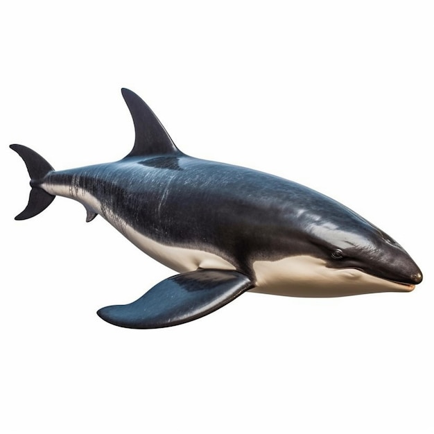 A dolphin is shown with a white background and the bottom of the image is a white background.