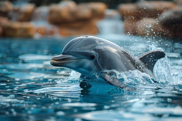 Photo a dolphin is splashing in the water with a wave in the background