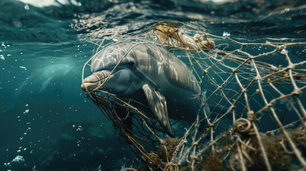 A dolphin is swimming in a net The net is full of trash