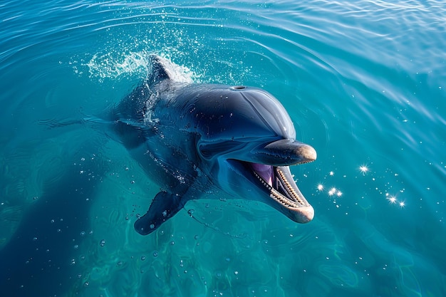 Photo a dolphin is swimming in the water with a dolphin in the background