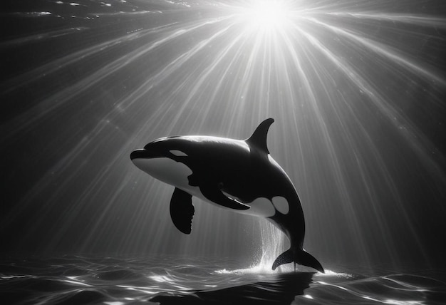 a dolphin is swimming in the water with a sun shining behind him