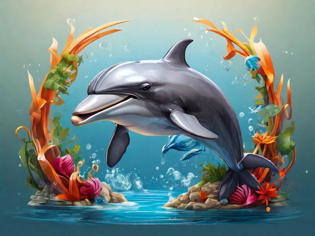 a dolphin is in the water with a bunch of fish and flowers