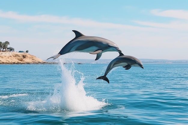 Dolphin jump in the blue sea in a picturesque place