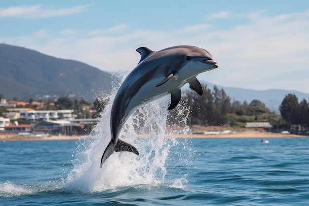 Dolphin jump in the blue sea in a picturesque place