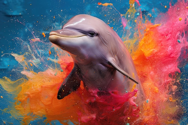 Dolphin Jump in a Rainbow Colorful Paint extreme closeup Generative AI