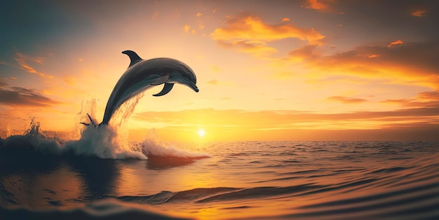 Dolphin jumping out of ocean water with a beautiful sunset in the background AIGenerated