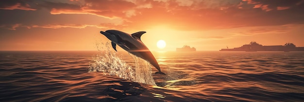 Dolphin jumping out of the sea photo at the perfect moment sunset orange reflection in the water