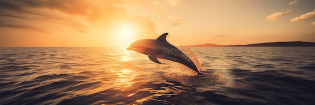 Dolphin jumping out of the sea photo at the perfect moment sunset orange reflection in the water