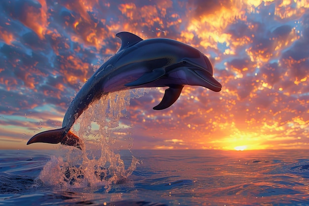 A dolphin jumping out of the water at sunset beautiful colors in sky photo realistic high resolut