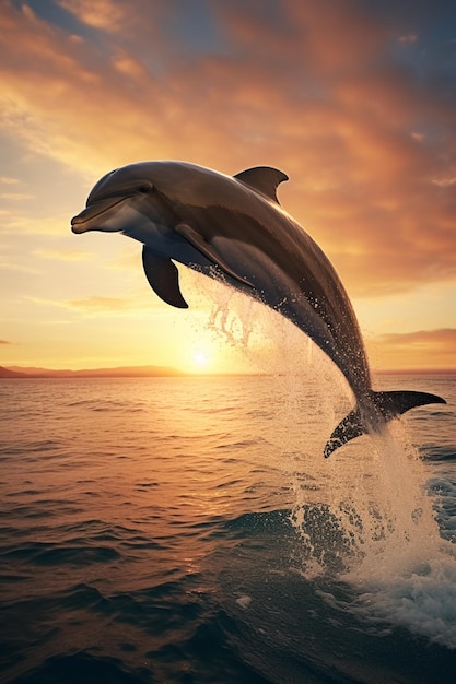 Dolphin jumping out of the water at sunset generative ai