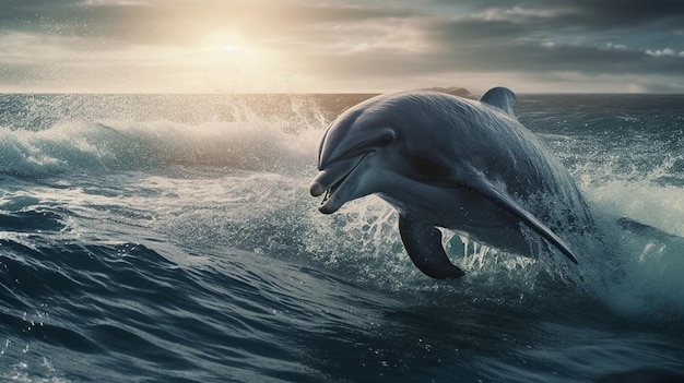 Dolphin jumping out of the water at sunsetgenerative ai