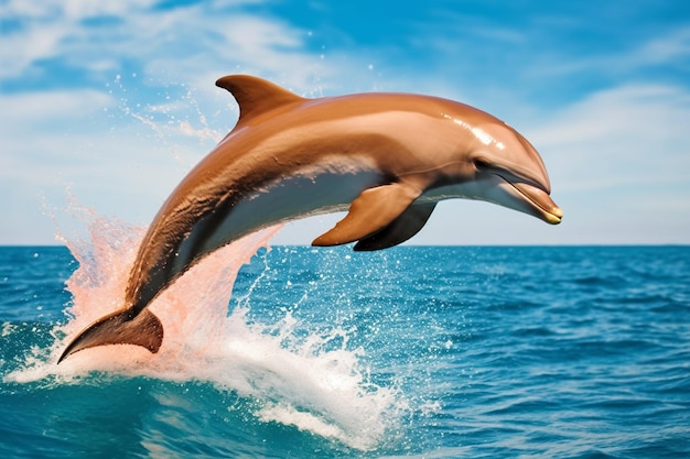 A dolphin jumping out of the water with a blue sky behind it.