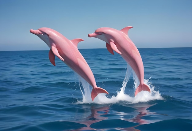 Photo a dolphin jumps out of the clear blue sea against the clear blue sky