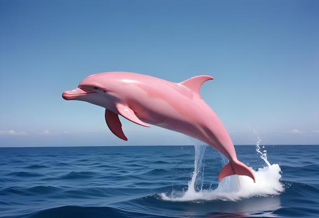 Photo a dolphin jumps out of the clear blue sea against the clear blue sky