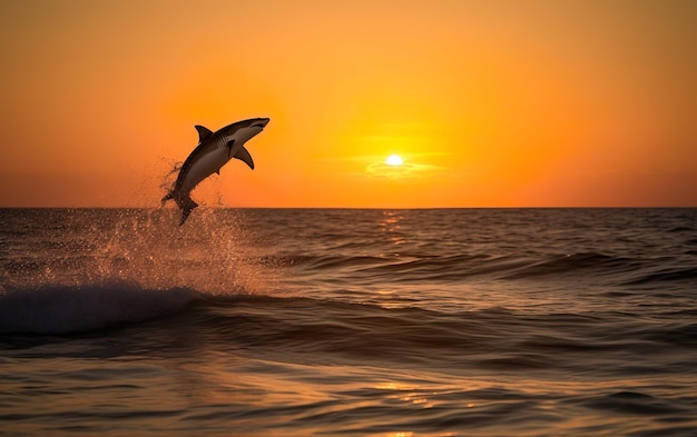 A dolphin jumps out of the water at sunset