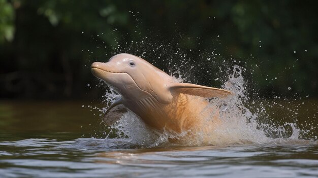 A dolphin jumps out of the water.