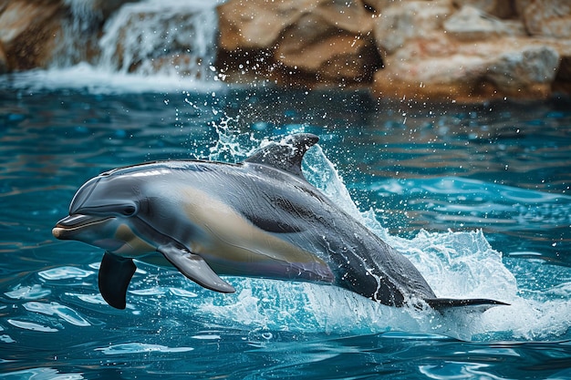 Dolphin leaping out of the water photo taken from above blue background sea park