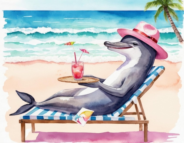 A dolphin in a pink hat relaxing on a sun lounger on the beach and drinking a cocktail