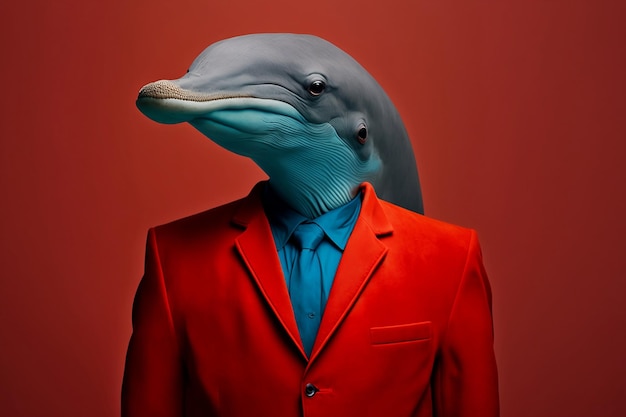 Dolphin in a Red Suit Against a Simple Plain Background Stock Image of Animal in Business Suit