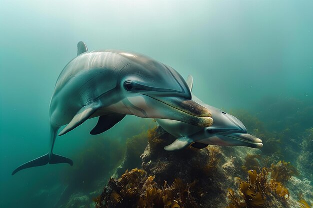 Photo a dolphin swimming next to a coral with a fish in it