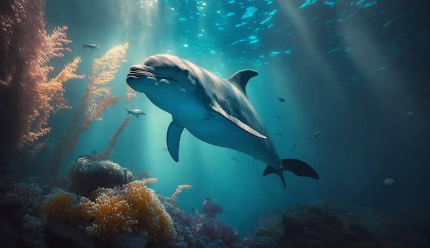 Dolphin swimming in the under sea Beautiful Underwater Generative AI