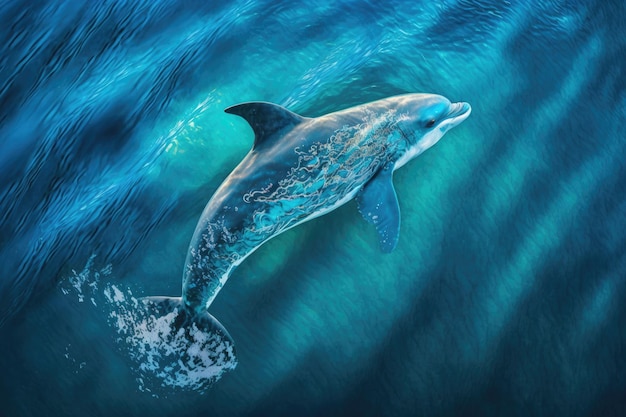 Dolphin swimming in the wavy blue water from a high perspective