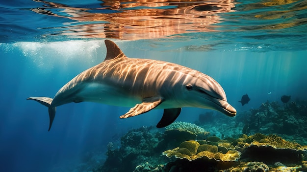 a dolphin swims under a coral reef with a reflection of the sun behind it