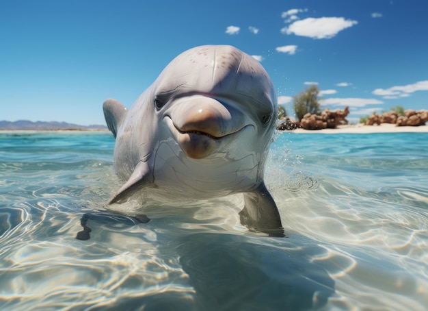 Dolphin swims in the sea with splashes of water