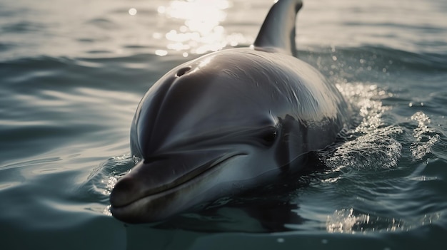 A dolphin swims in the water with the sun reflecting off the water.