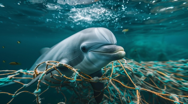 Dolphin trapped in fishing net reflects human impact on underwater life