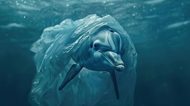 Dolphin trapped in a plastic bag Pollution in oceans concept