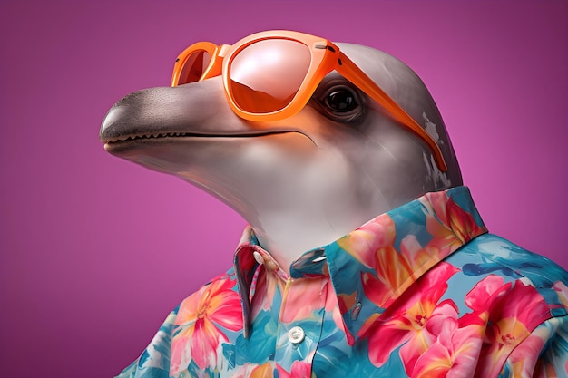 A dolphin wearing a flowered shirt and sunglasses stands against a pink background