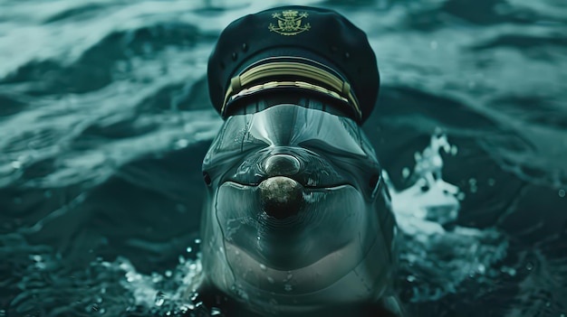 Photo a dolphin wearing a navy captain suit